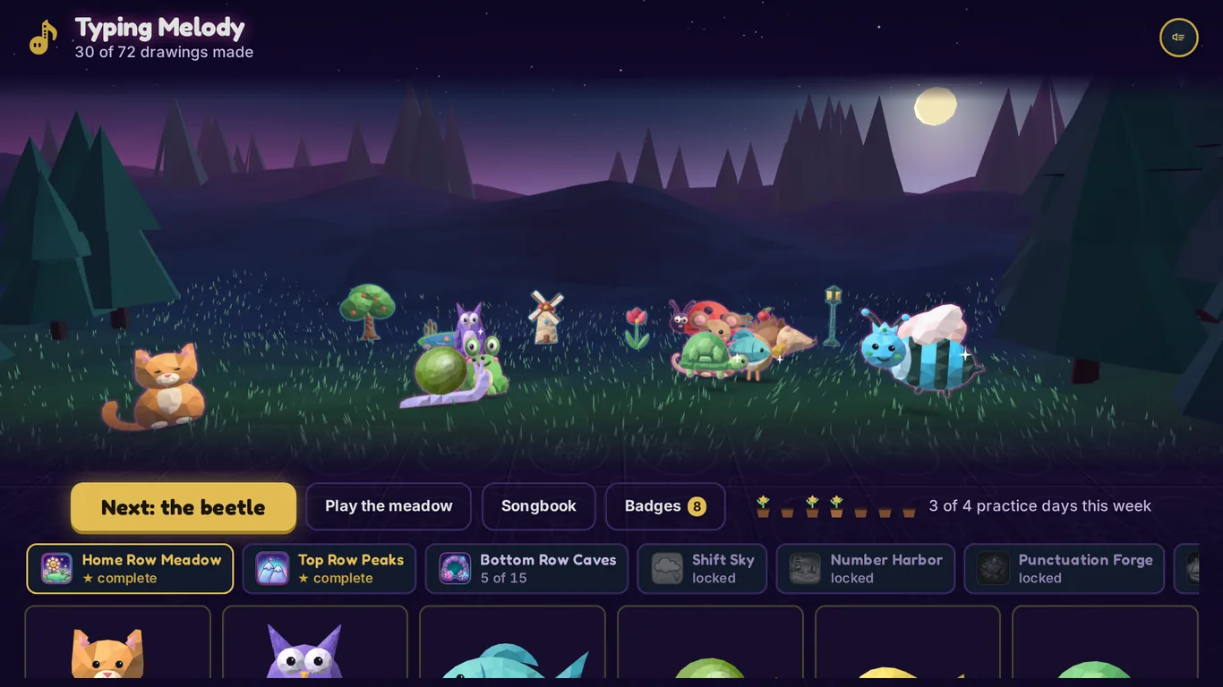 A grown meadow at night with a cat, an owl, a snail, a turtle, a frog and a bumblebee among a pond, a windmill and a bench, above the map of lessons.